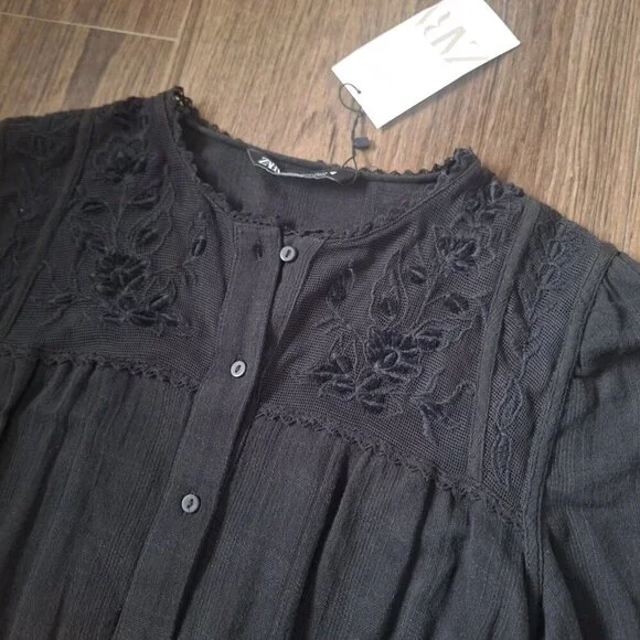 NWT Zara Black Tiered Embroidered Mini Dress Lined 100% Cotton - Picture 6 of 9